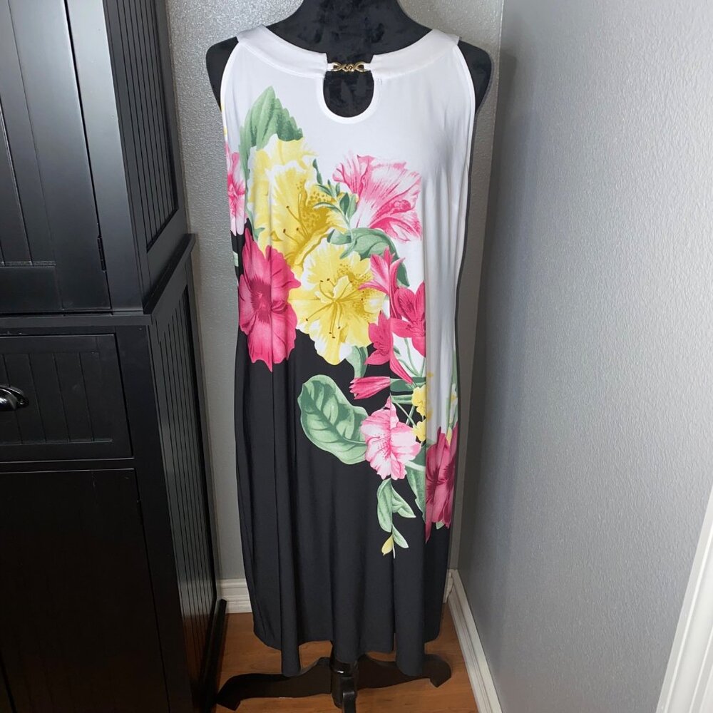 JM Collection Dress Womens PL Floral Midi Keyhole Neck Tropical Summer Resort‎